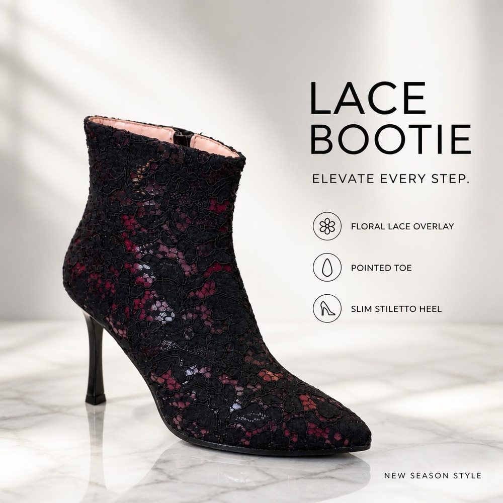 Divine Folloe Lace Pointed Stiletto Leather Bootie in Black with Pink Accents